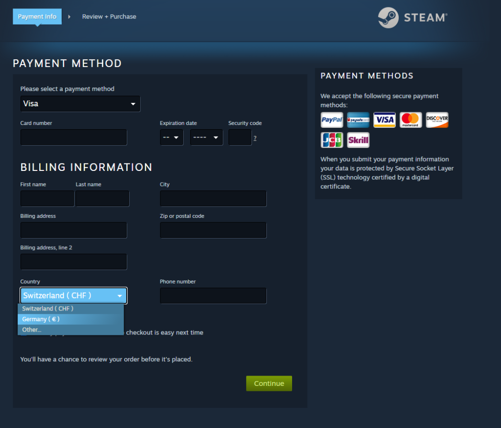 In den Zahlungsinformationen von Steam kann man die Region des Steam-Accounts ändern