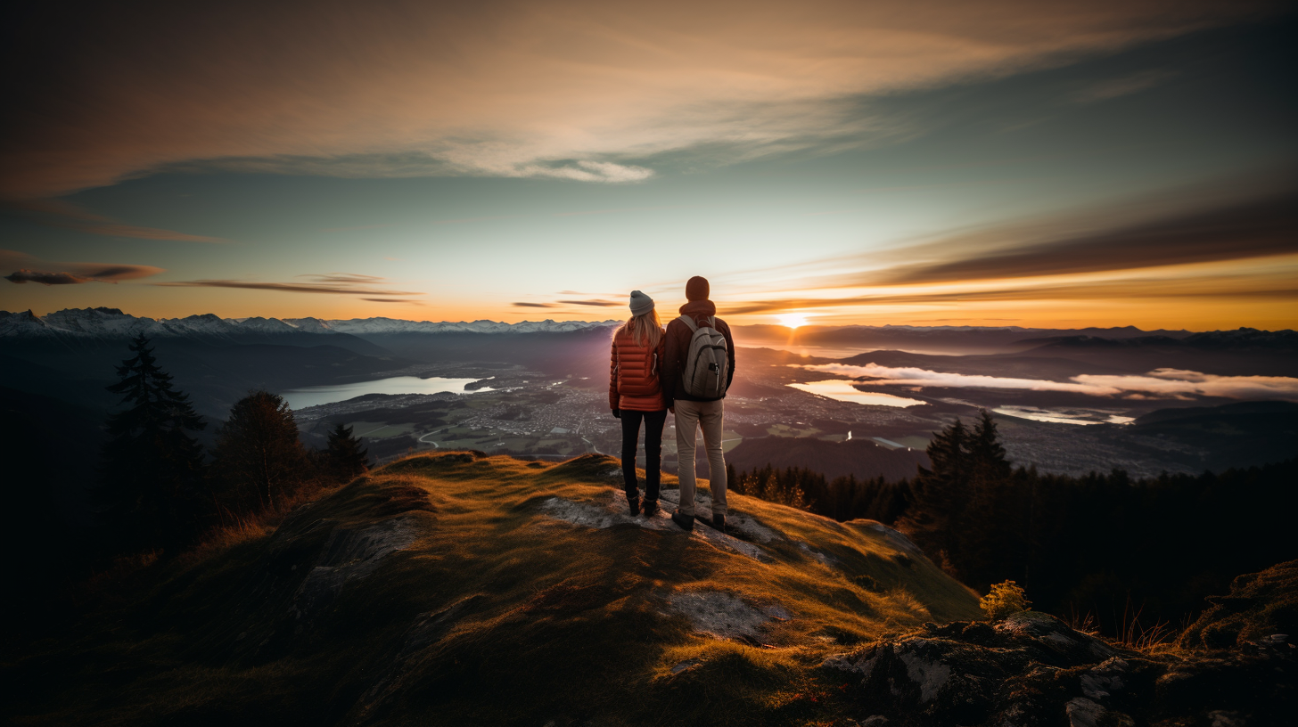 Ein Mann und eine Frau blicken Richtung Horizont. Sie stehen auf einem Berg und schauen über die Landschaft der Schweiz.